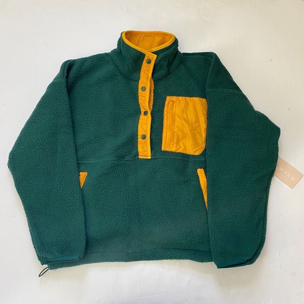 Wilo The Label Cozy Fleece Pullover, Boxy Fit, Quarter button front Green New - Picture 16 of 16